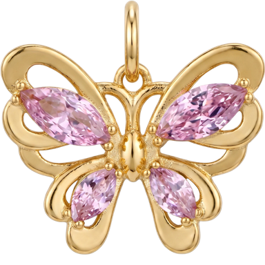 Pink butterfly brass charm pendant with jump ring shown on clean neutral surface