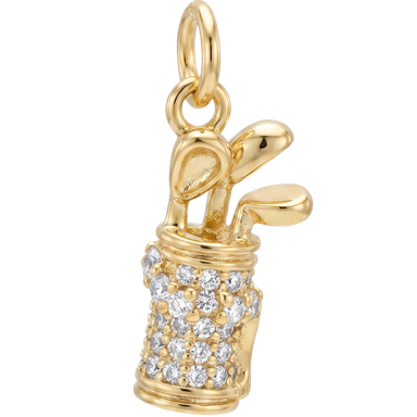 Gold golf bag charm brass pendant with jump ring styled on white background
