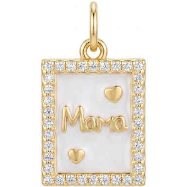 White brass Mama book charm pendant on neutral surface showing jump ring attachment