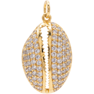 Crystal cowrie shell charm gold brass coral pattern charm on clean neutral surface