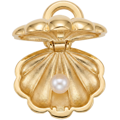 Open clam shell pearl charm gold plated brass pendant on jump ring styled coastal flat lay