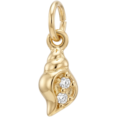 Gold crystal conch shell charm pendant with jump ring in warm natural light