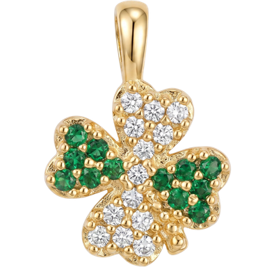 Four leaf clover charm pendant gold-plated brass green white zircons jump ring neutral background
