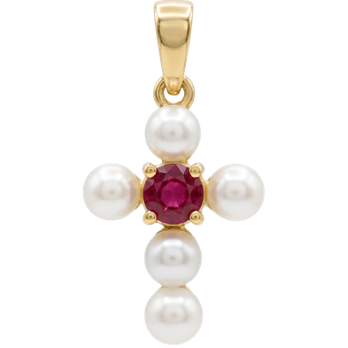 Gold plated brass cross pendant charm with white pearl and red stone accent on clean background