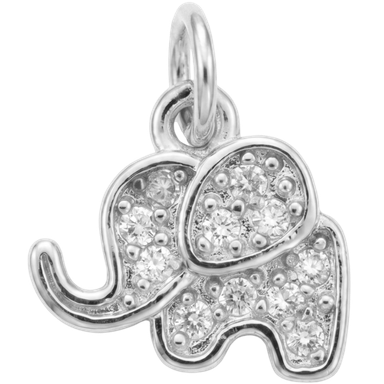 Silver elephant charm pendant with clear zircon stones on brass jump ring close-up detail shot