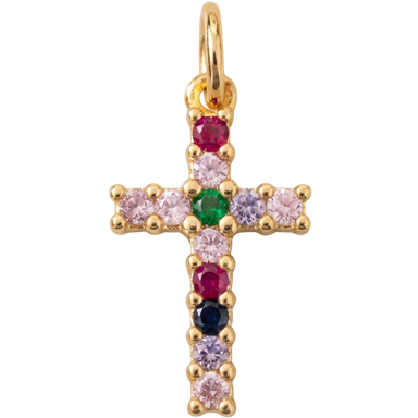 Multicolor zircon gold cross charm pendant in gold-plated brass on clean white background