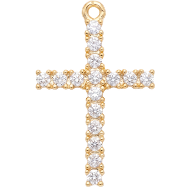 Gold plated cross charm pendant with white zircon stones jump ring attachment lifestyle flat lay