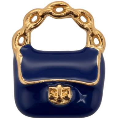 Gold-plated midnight blue enamel handbag charm on white background