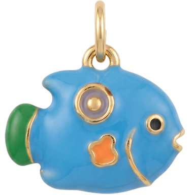 Blue enamel fish charm pendant with jump ring, styled on neutral surface in natural light