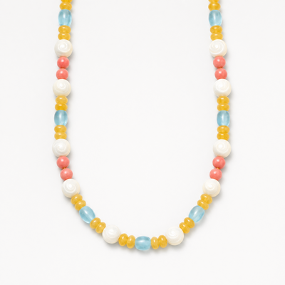 Multicolor beaded necklace with white, blue, yellow, and pink beads on light background