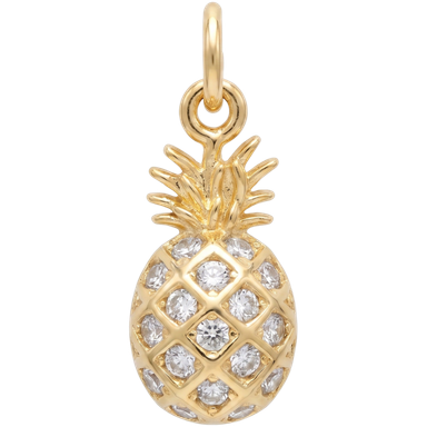 Gold brass crystal pineapple charm with jump ring styled in soft natural light
