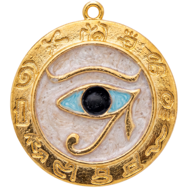 Eye of Horus beige enamel charm pendant with abstract motif and gold-toned jump ring on clean background