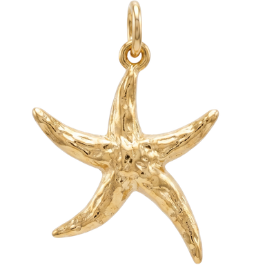 Gold starfish charm pendant in brass with jump ring, coastal style on neutral background