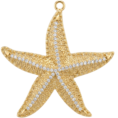 Gold brass starfish charm pendant with jump ring shown on clean natural light background