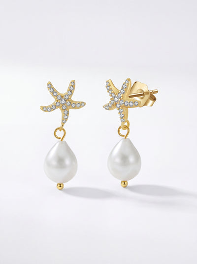 Starry Pearl Drop Earrings - CZ Starfish & Freshwater Pearl Dangles