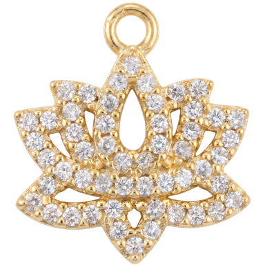 Gold plated brass lotus flower charm with white zircon accents on neutral background