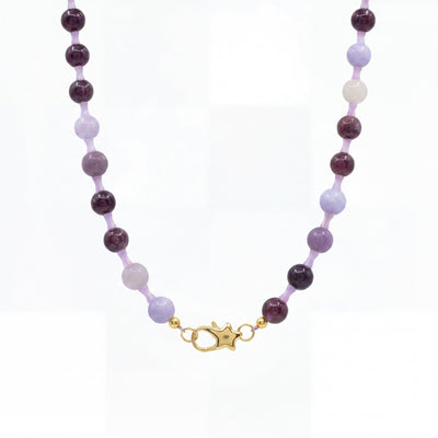 Mulberry gemstone beaded necklace with chalcedony and fluorite beads in purple