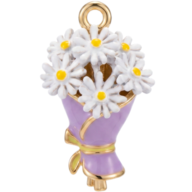 Purple daisy bouquet enamel charm pendant with jump ring gold-toned setting on clean background