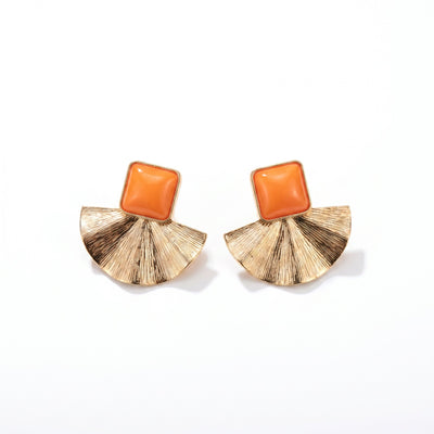 Sunray fan shell stud earrings orange stone gold-tone brass push-back setting on white background