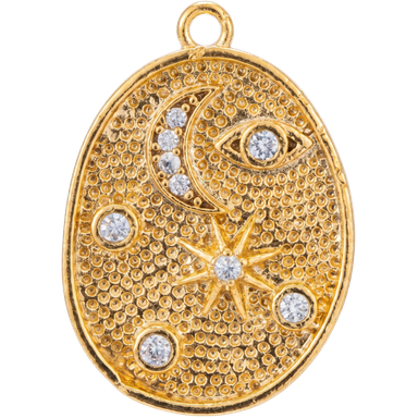 Gold plated talisman universe charm pendant with zircon accents on white background