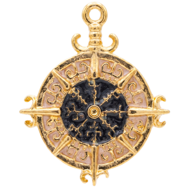 Gold enamel Viking Vegvisir runic compass charm pendant with jump ring on light background