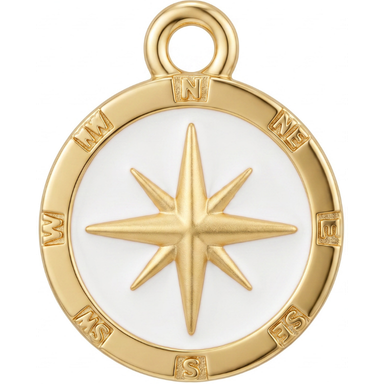 White enamel gold-plated compass rose charm pendant with jump ring on clean light background