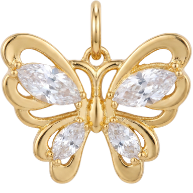 Crystal butterfly charm white brass pendant with jump ring shown on neutral background