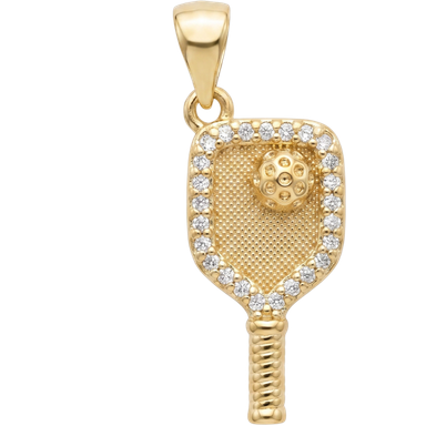 Gold brass pickleball paddle charm pendant with jump ring shown on clean neutral surface