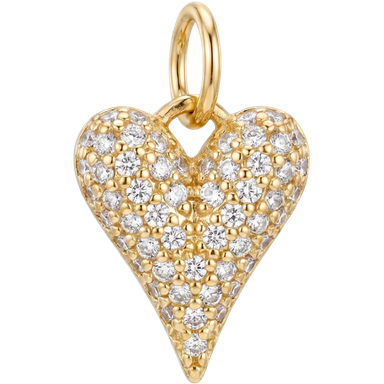 Pave clear zircon heart charm pendant gold plated brass jump ring on neutral surface