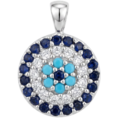 Blue eye evil eye charm pendant sapphire turquoise zircon brass lifestyle natural light flat lay