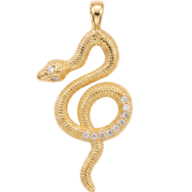 Coiled snake charm pendant gold plated brass with clear zircons jump ring attachment lifestyle shot