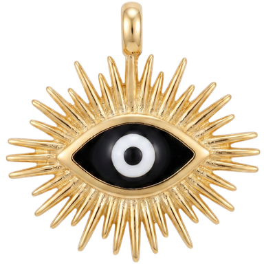 Evil eye sunburst gold plated enamel charm pendant showing raised brass sunburst rays and vivid enamel center