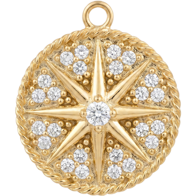 Gold plated compass star charm pendant with white zircon accents on jump ring, neutral background