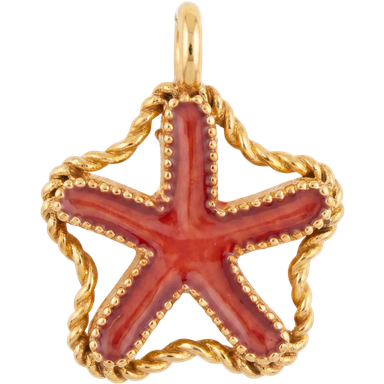 Red enamel starfish charm pendant with gold plated rope frame styled on neutral surface