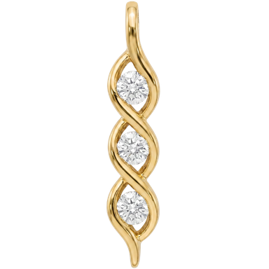 Gold plated vertical twist three stone pendant charm in brass shown on clean neutral background