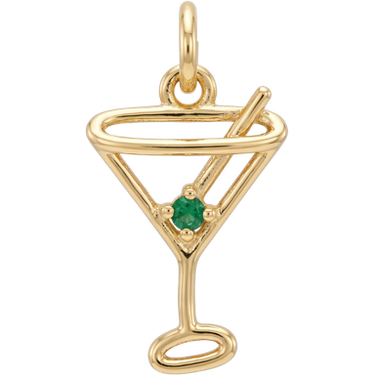Gold plated brass martini glass charm with green zircon pendant on white background