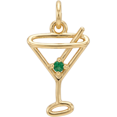 Gold plated brass martini glass charm with green zircon pendant on white background