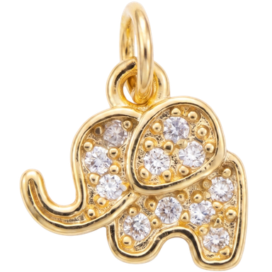 Gold-plated brass elephant charm pendant with white zircons on clean background natural light