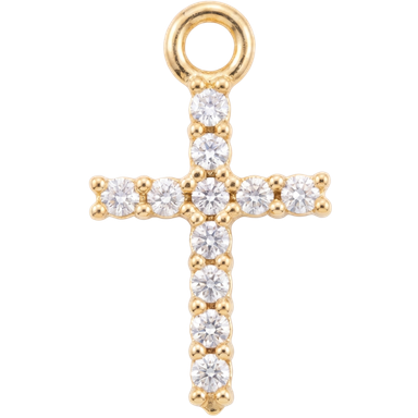 White zircon gold cross charm pendant on brass jump ring natural light close-up