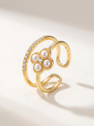 Golden Bloom Double Layer Adjustable Pearl Ring