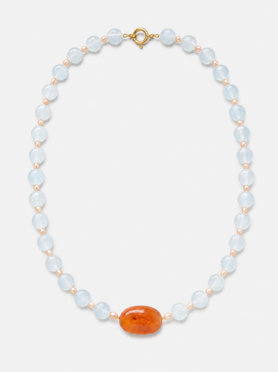 Beaded necklace with aqua chalcedony, pink pearls, and orange carnelian focal bead
