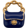 Gold-plated midnight blue enamel handbag charm on white background