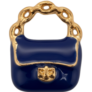 Gold-plated midnight blue enamel handbag charm on white background