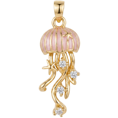 Gold brass pink jellyfish charm pendant lifestyle shot in natural light