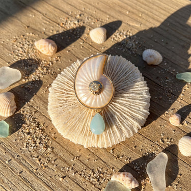Nautilus shell and brass earring with crystal accent and pale blue teardrop stone, on driftwood with sand and small shells