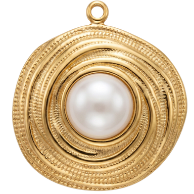 Gold swirl pearl center charm pendant round brass with jump ring natural light