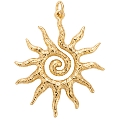 Hammered gold brass sun spiral charm pendant with jump ring on clean background