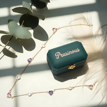 Gold heart station necklace with multi-color cubic zirconia stones with PRASINOUS jewelry box