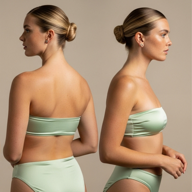 Woman wearing gold lucky stud earrings a light green bikini set against a neutral background from side angles