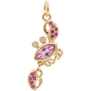 Gold plated pink baby crab charm pendant on white background